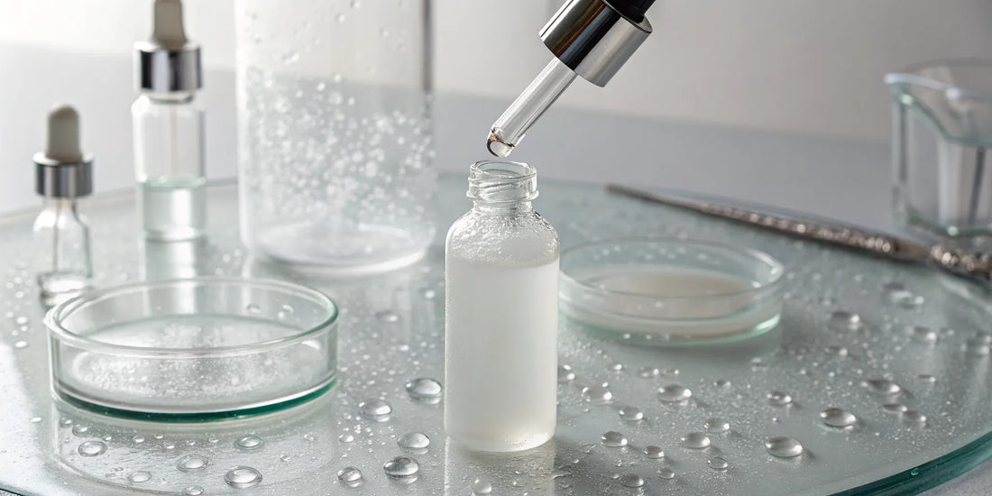 Hyaluronic acid serum in a dropper bottle surrounded by water droplets for plump, hydrated skin.