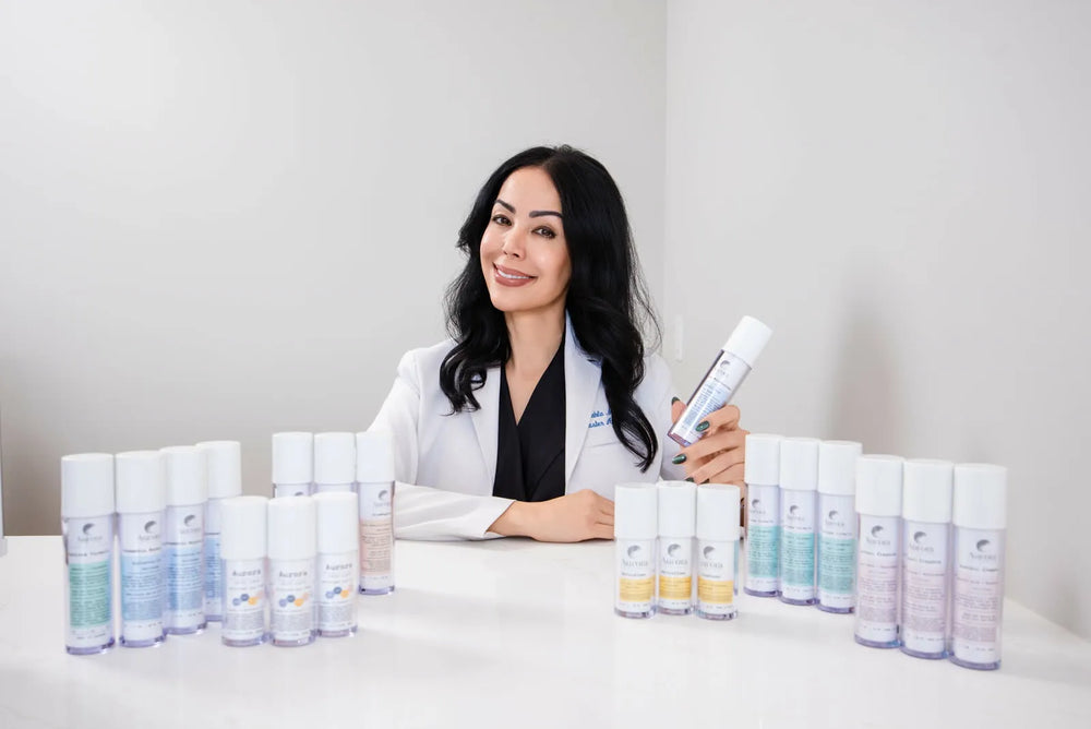 Elevated skincare products arranged on a clean surface with soft natural light, reflecting the OC Skin Care Center aesthetic